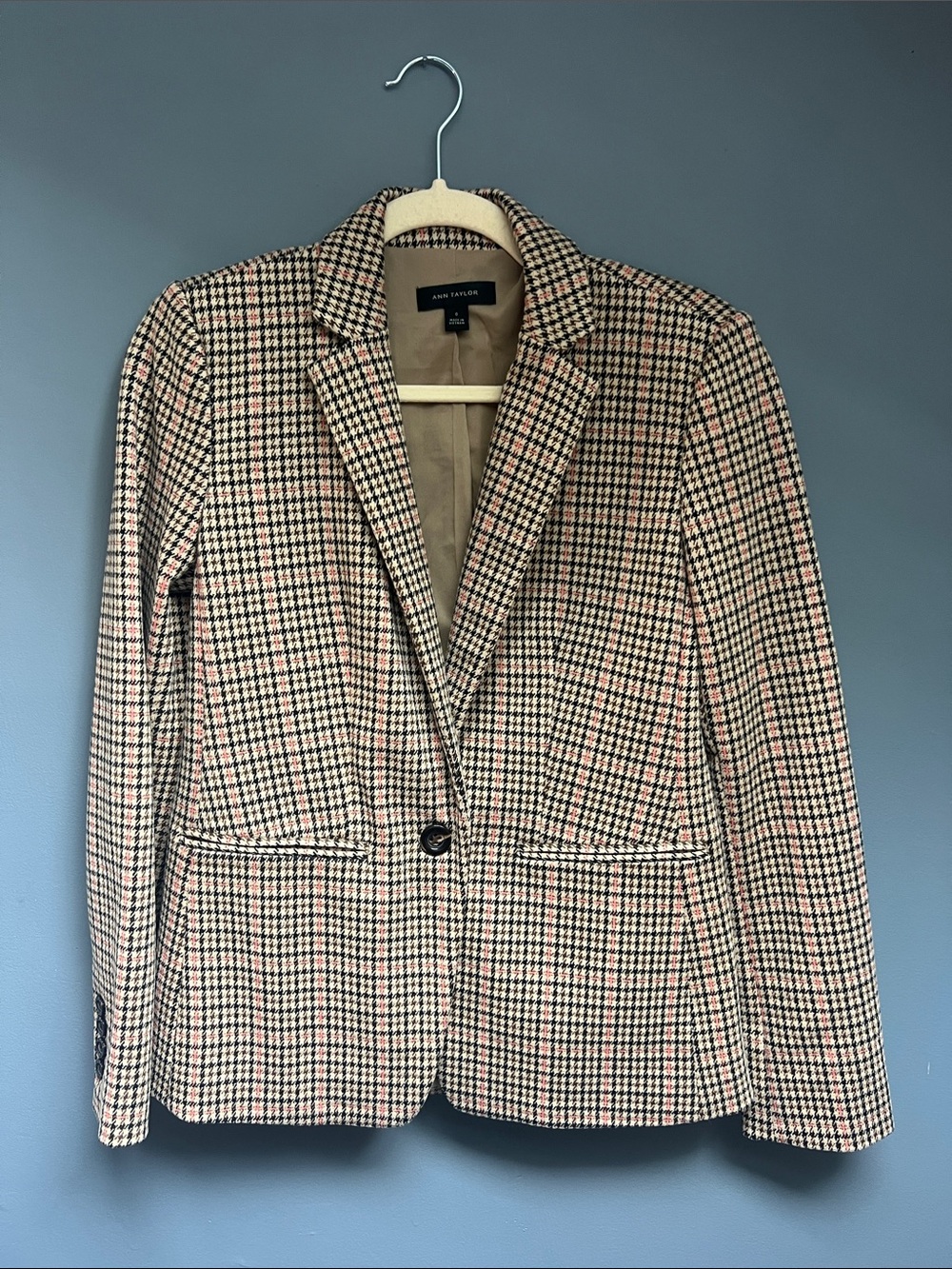 Ann Taylor Tan, Brown, Pink and Black Houndstooth Blazer